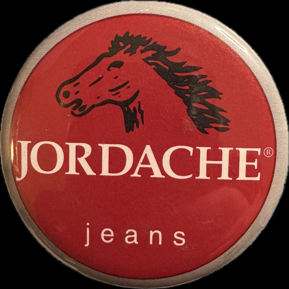 1980s Jordache Jeans Horse Logo Vintage Pinback Button Red Black White